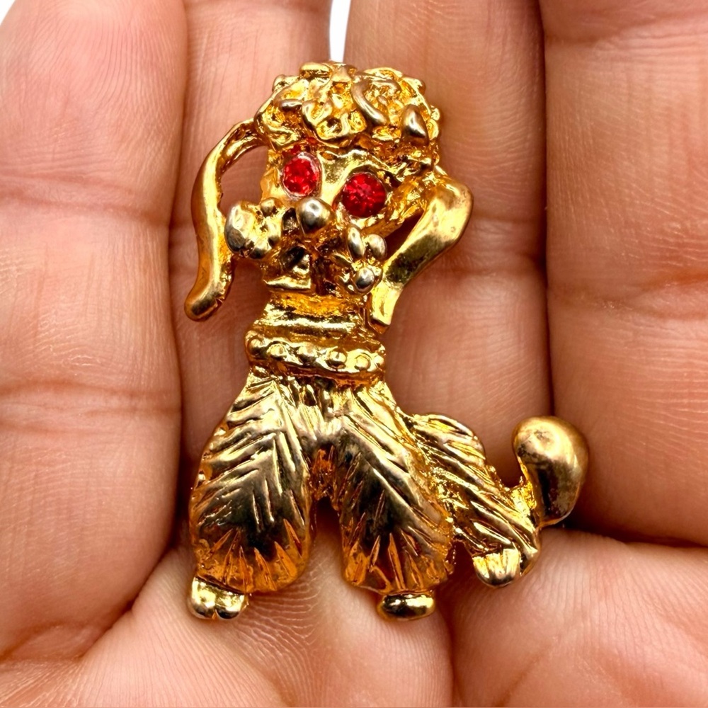 Vintage Gold-Tone Poodle Brooch With Red Rhinestone Eyes - Picture 14 of 15